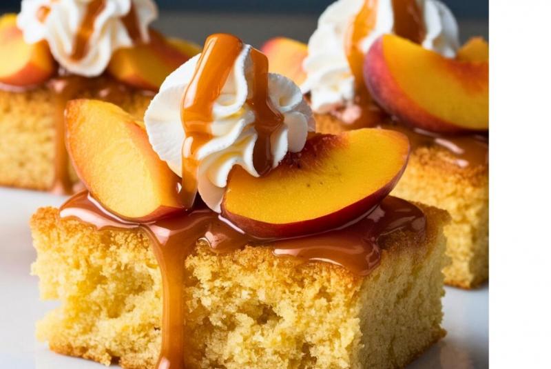 Financier aux amandes, pêches flambées et crème chantilly à la verveine 